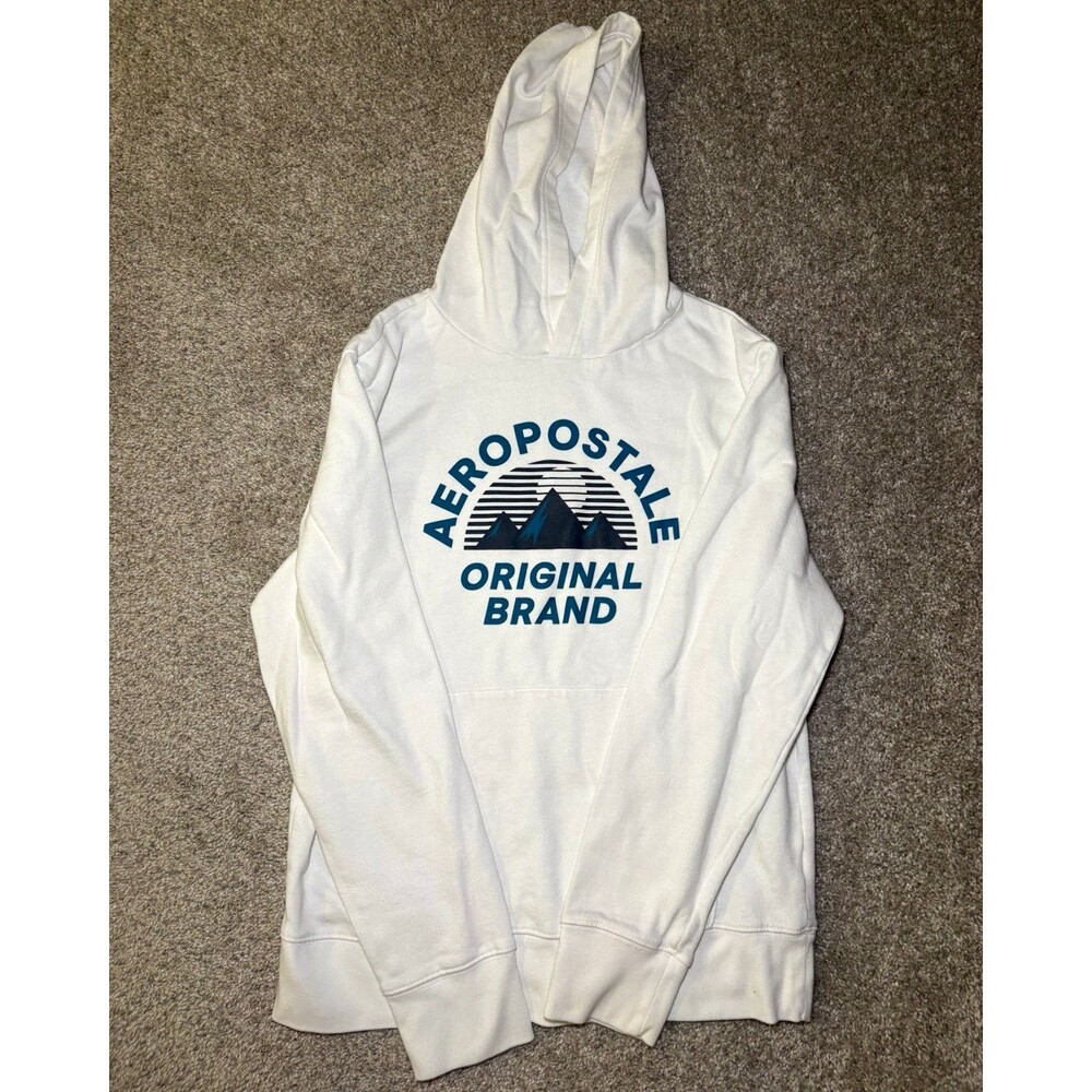 Aeropostale Men's Pullover Graphic Print Logo Fleece Hoodie White M